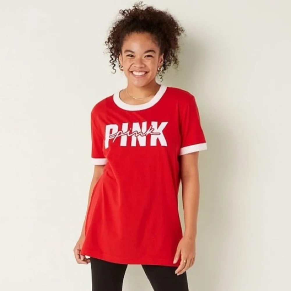 VS VICTORIAS SECRET PINK CAMPUS SHORT SLEEVE TEE TOP PIN UP RED XXL